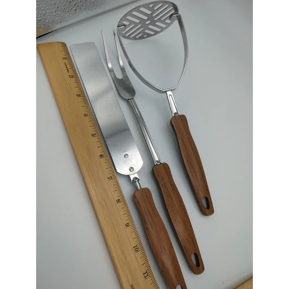 Vtg EKCO Stainless Cooking Utensils Woodgrain Faux Wood‎ Set of 3 Retro USA
